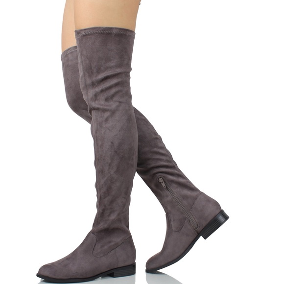 Grey faux suede over the knee low heel boot - Picture 3 of 3